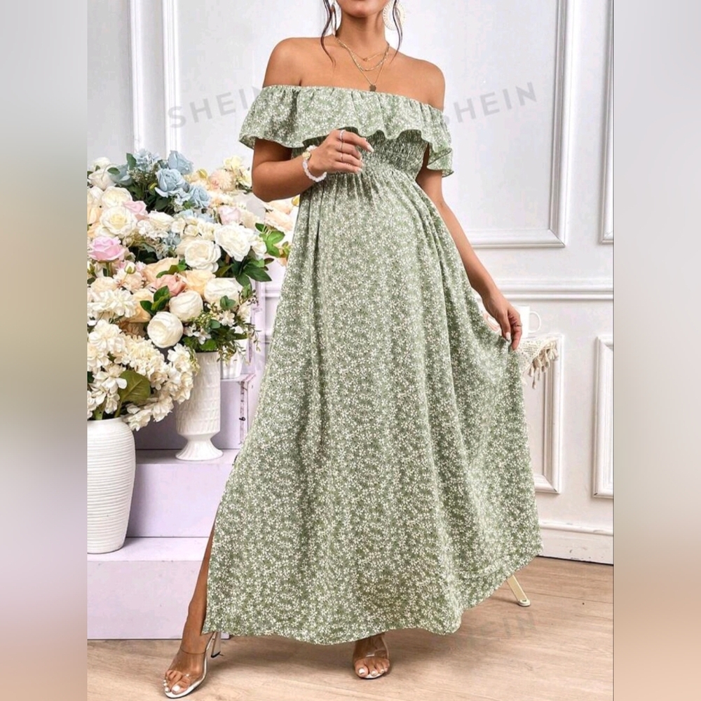 Ditsy Floral Off Shoulder Maternity Photoshoot Maxi Dress